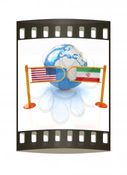 Three-dimensional image of the turnstile and flags of USA and Iran on a white background. The film strip