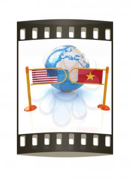 Three-dimensional image of the turnstile and flags of USA and Vietnam on a white background. The film strip