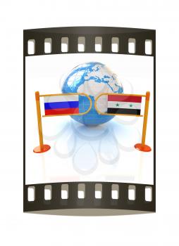 Three-dimensional image of the turnstile and flags of Russia and Syria on a white background. The film strip