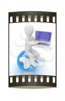 3d man sitting on earth and working at his laptop on a white background. The film strip