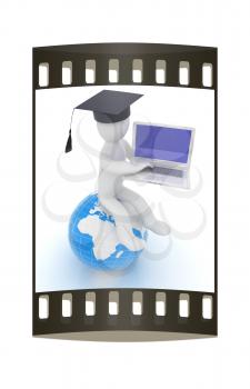 3d man in graduation hat sitting on earth and working at his laptop on a white background. The film strip