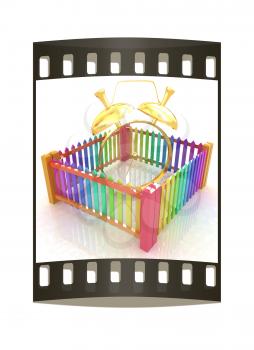 Time protection concept. Gold alarm clock clock closed colorfull fence on a white background. The film strip