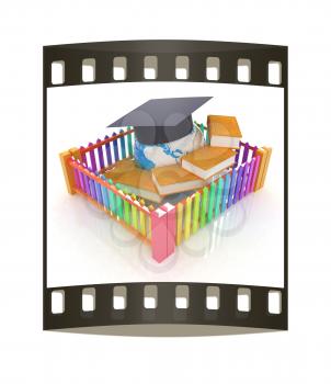 Global education concept in closed colorfull fence. Concept education protection on a white background. The film strip