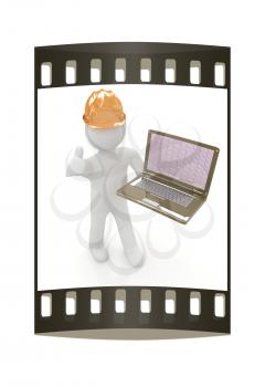 3D small people - an engineer with the laptop on a white background. The film strip