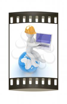 3d man in a hard hat sitting on earth and working at his laptop on a white background. The film strip