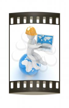 3d man in a hard hat sitting on earth and working at his laptop on a white background. The film strip