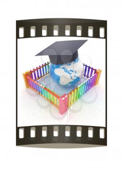 Global education concept in closed colorfull fence. Concept education protection on a white background. The film strip