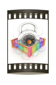 Protection concept.Lock closed colorfull fence on a white background. The film strip