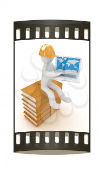 3d man in hard hat sitting on books and working at his laptop on a white background. The film strip
