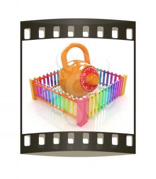 Protection concept.Lock closed colorfull fence on a white background. The film strip