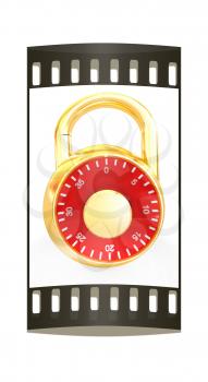 Illustration of security concept with metal locked combination pad lock on a white background. The film strip