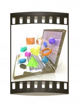 Powerful laptop specially for 3d graphics and software on a white background. The film strip