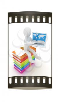 3d man sitting on books and working at his laptop on a white background. The film strip