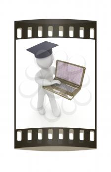 3d man in graduation hat with laptop on a white background. The film strip