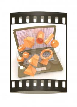 Powerful laptop specially for 3d graphics and software on a white background. The film strip