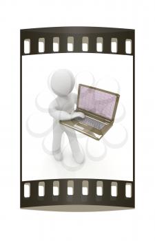 3d man with laptop on a white background. The film strip