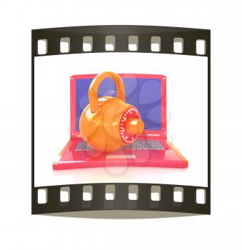 Laptop with lock.3d illustration on white isolated background. The film strip