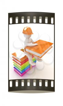 3d man in a hard hat with book sits on the colorful books on a white background. The film strip