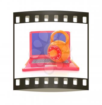 Laptop with lock.3d illustration on white isolated background. The film strip