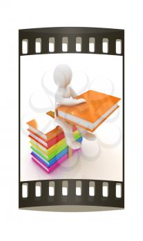 3d man sitting on books and keeps at his book on a white background. The film strip