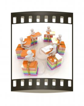 3d mans with book sits on a colorful glossy books on a white background. The film strip