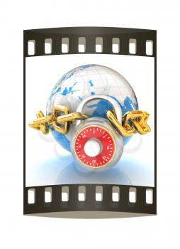 Earth globe close in chain and padlock on a white background. The film strip