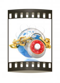 Earth globe close in chain and padlock on a white background. The film strip