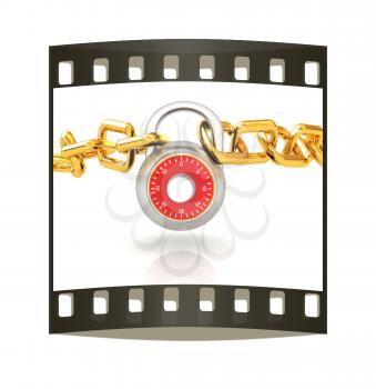 Padlock and chain on a white background. The film strip