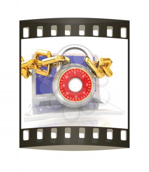 Laptop with chains and lock.3d illustration on white isolated background. The film strip