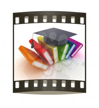 Colorful books and graduation hat on a white background. The film strip