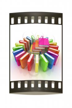Colorful books on a white background. The film strip