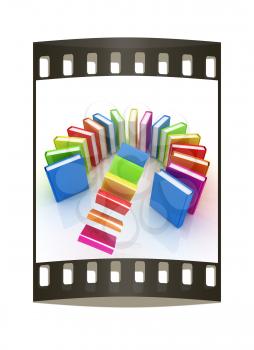 Colorful books flying on a white background. The film strip