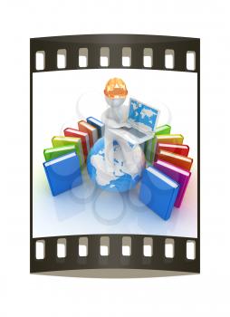 3d man in hard hat sitting on earth and working at his laptop and books around his on a white background. The film strip