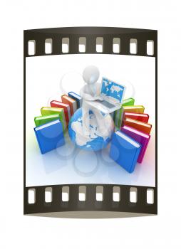 3d man sitting on earth and working at his laptop and books around his on a white background. The film strip