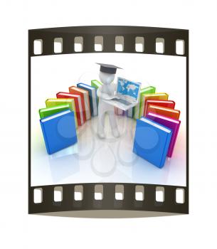 3d man in graduation hat working at his laptop and books on a white background. The film strip