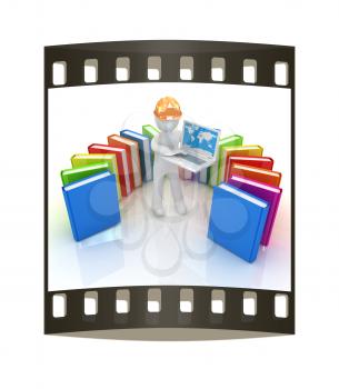 3d man in hard hat working at his laptop and books on a white background. The film strip