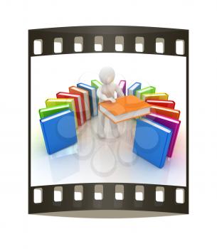 3d white man with and books on a white background. The film strip