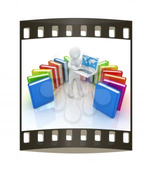 3d man sitting on books and working at his laptop on a white background. The film strip