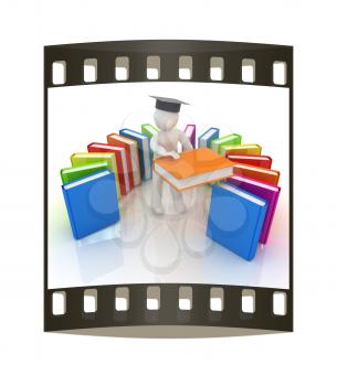 3d white man in a graduation hat with useful books - best gift a student on a white background. The film strip