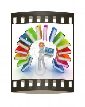 Colorful books like the rainbow and 3d man in a hard hat with laptop on a white background. The film strip