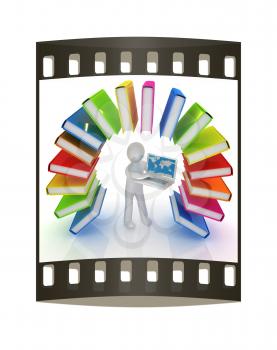 Colorful books like the rainbow and 3d man with laptop on a white background. The film strip