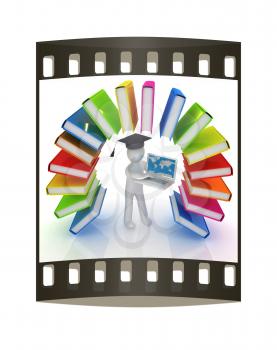 Colorful books like the rainbow and 3d man in a graduation hat with laptop on a white background. The film strip