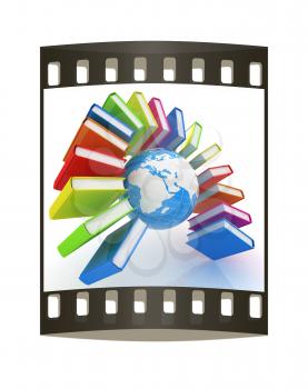 Colorful books like the rainbow and earth on a white background. The film strip