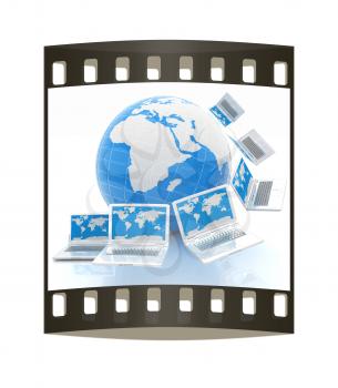 Laptops around the planet earth. The film strip