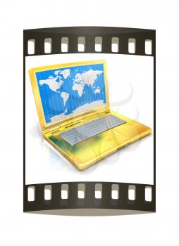 Gold laptop with world map on screen on a white background. The film strip