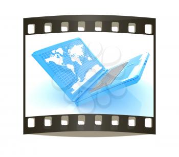 Laptop with world map on screen on a white background. The film strip