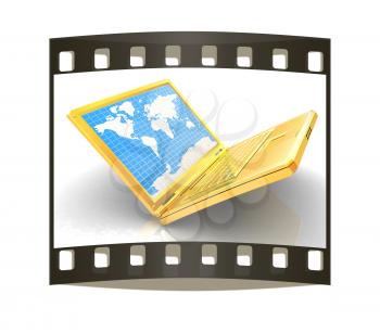 Gold laptop with world map on screen on a white background. The film strip