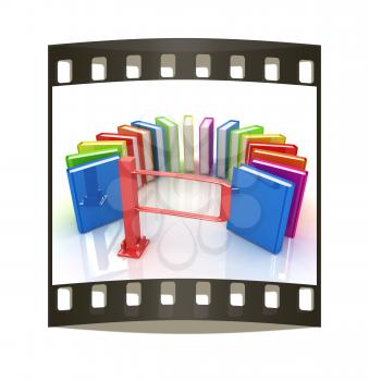 Colorful books in a semicircle and tourniquet to control. The concept of the exam on a white background. The film strip