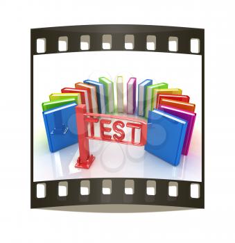 Colorful books in a semicircle and tourniquet to control. The concept of the exam on a white background. The film strip