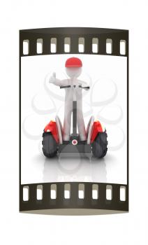 3d white person riding on a personal and ecological transport.3d image. The film strip